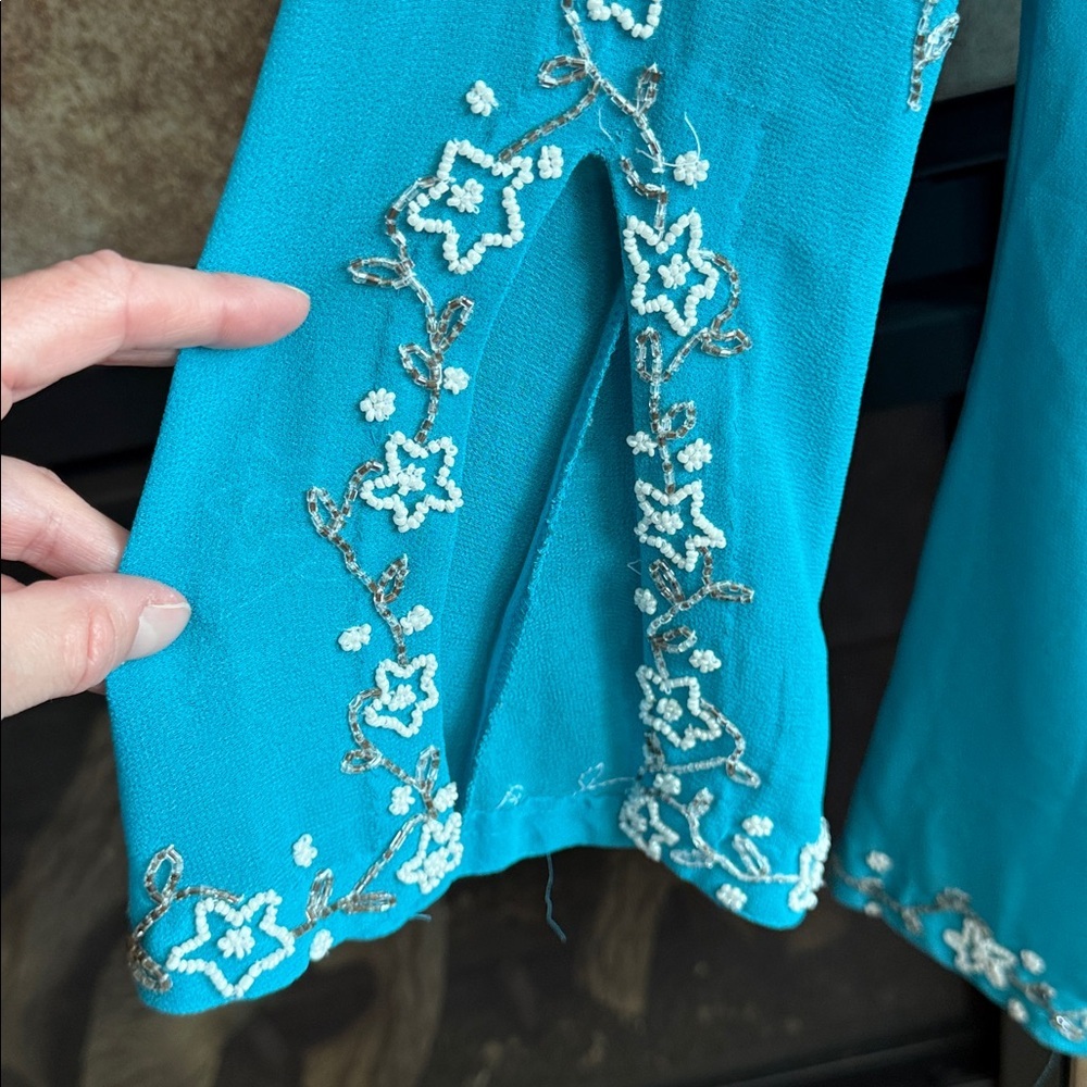 Turquoise semi sheer beaded embellished asymmetrical swim cover/ tunic Y2K M - Picture 9 of 13
